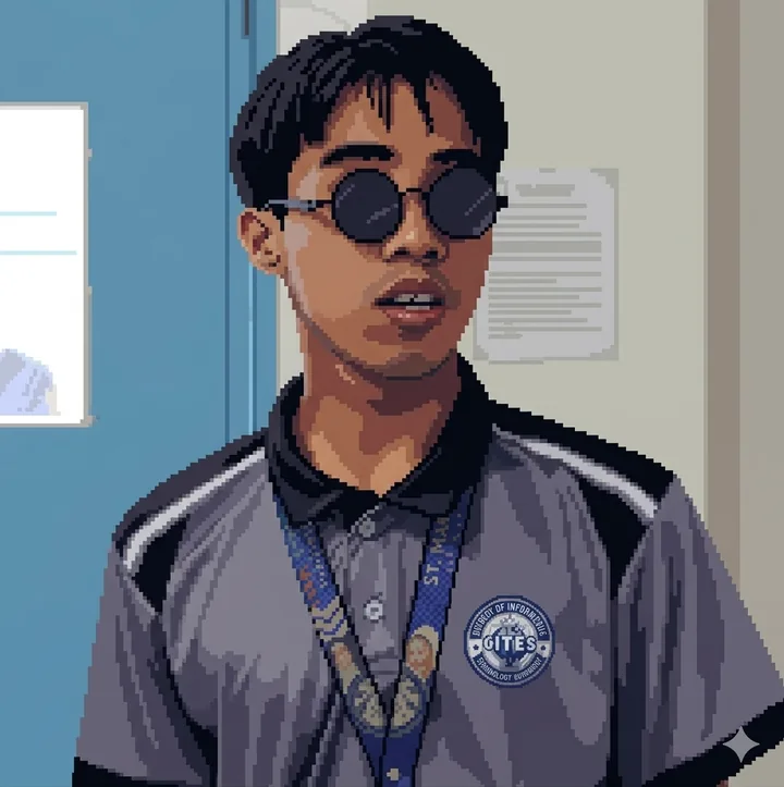 Pixel-art portrait of Jeremiah Escubido wearing round glasses and a school polo