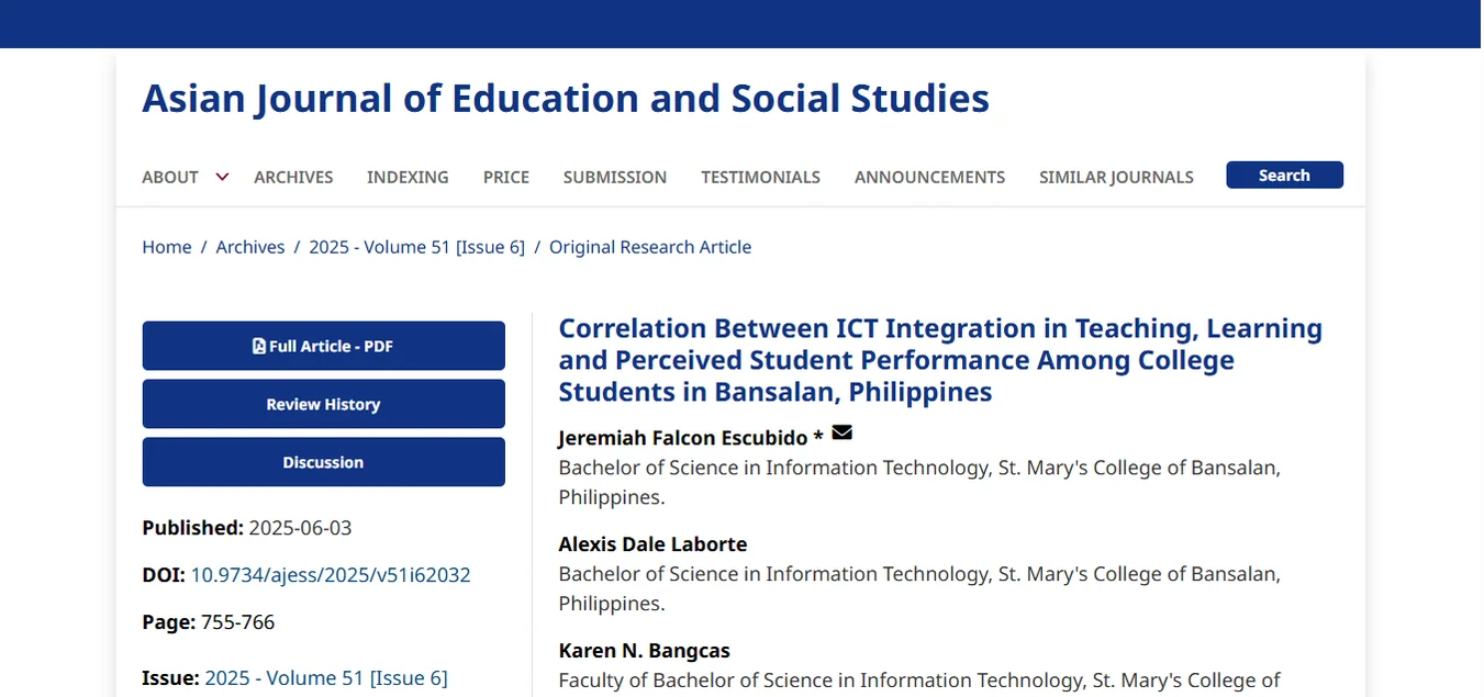 Journal article page for the study in the Asian Journal of Education and Social Studies, listing Jeremiah Falcon Escubido as first author